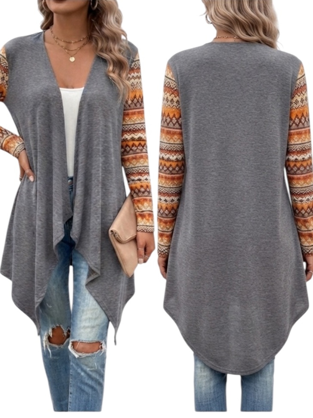 SHEIN LUNE Geo Print Open Front Asymmetrical Hem Coat Without Cami Top s…